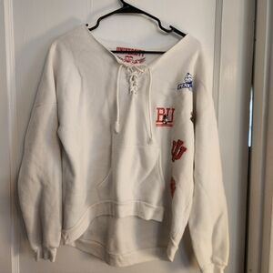 So Nikki White Off-the-Shoulder Lace-Up Sweatshirt with School Patches